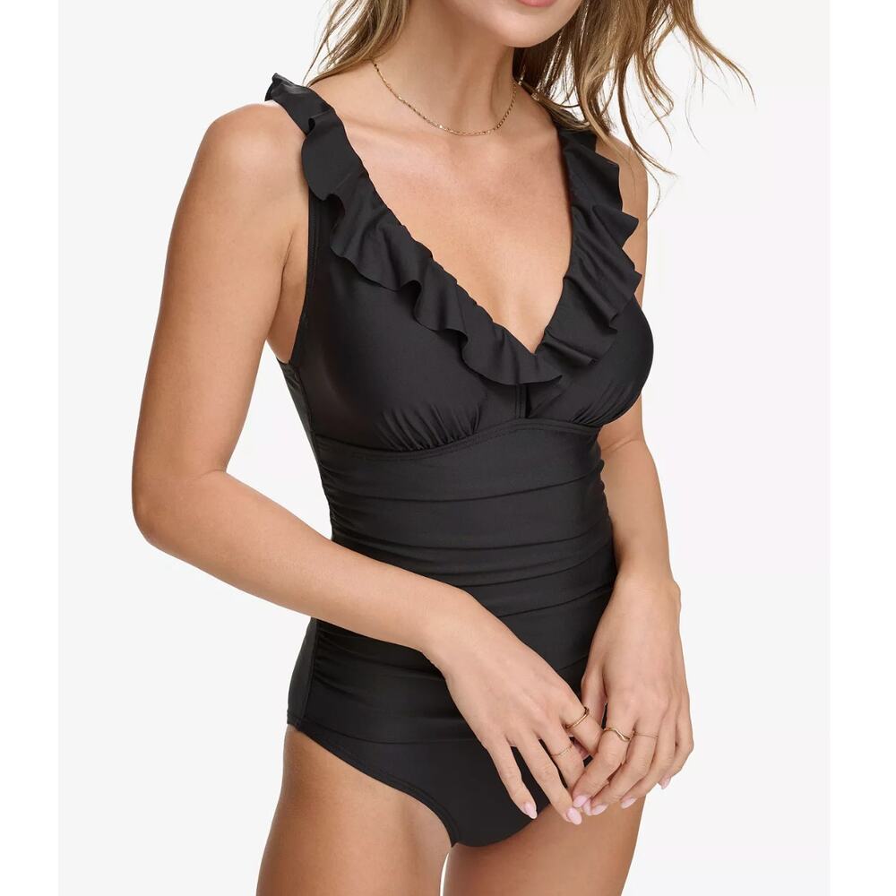 DKNY Ruffle Plunge Underwire Tummy Control One-Piece Swimsuit | Sz 14, Black - Picture 2 of 4